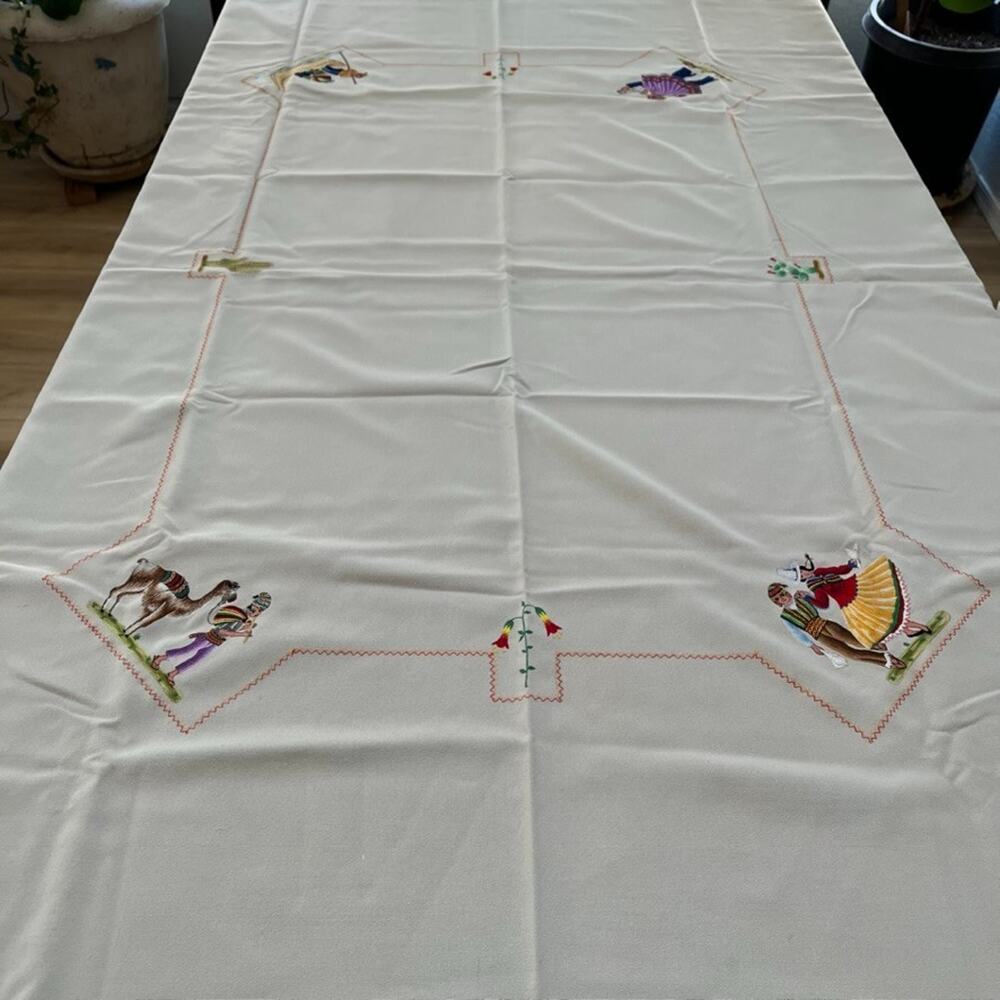 Vintage Hand-Embroidered Folk Figures & Motifs Taupe Cotton Tablecloth 52 x 70"